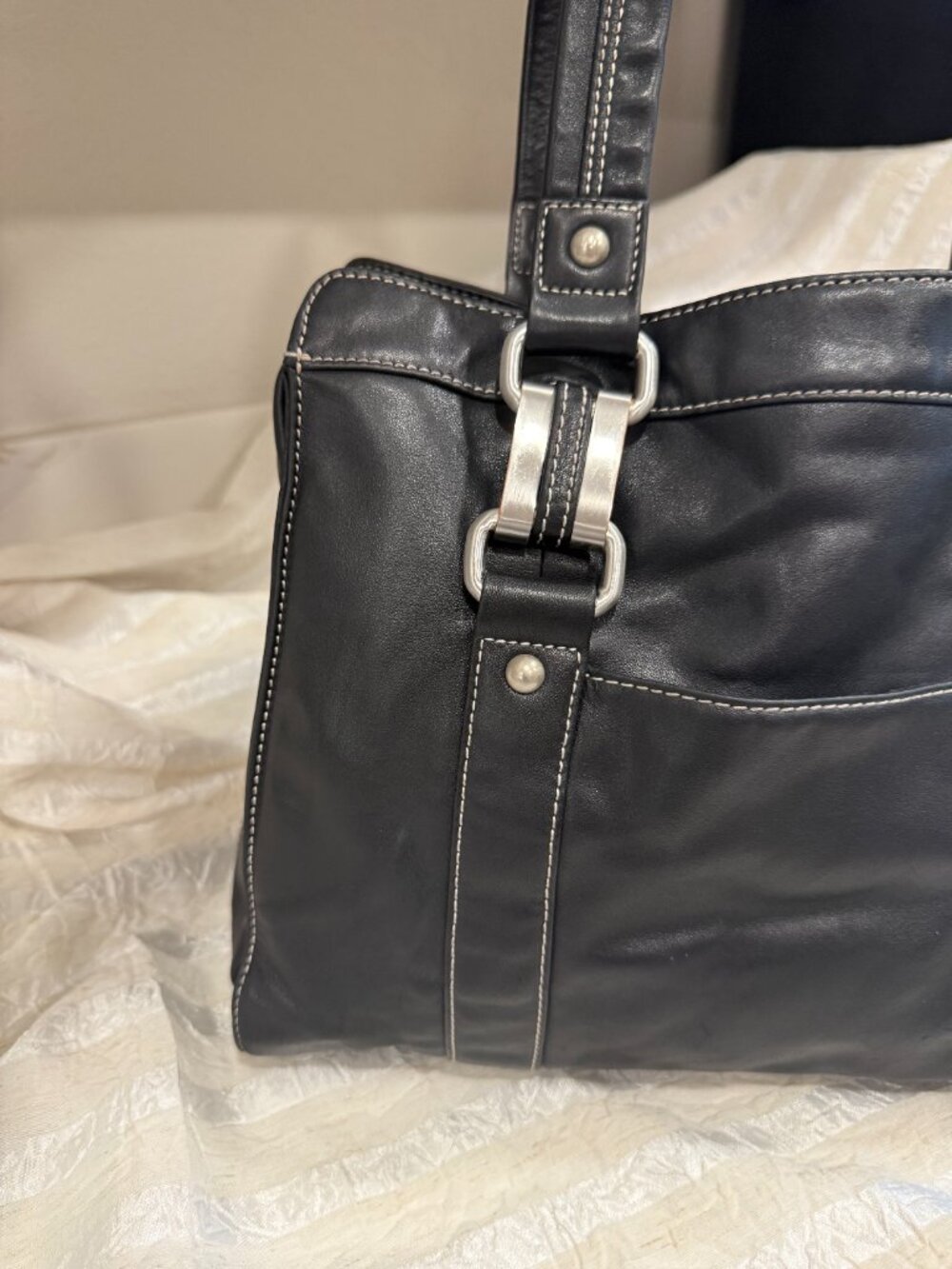 Perlina New York Black Genuine Leather Y2K Shoulder Bag Tote Hardware - Picture 7 of 17
